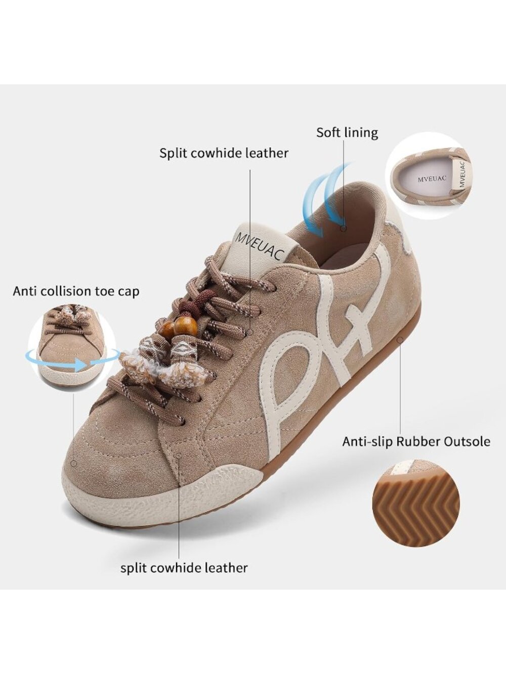 Women's Apricot Leather Lightweight ﻿Retro Gum Sole Walking Fashion Sneakers - Picture 5 of 6